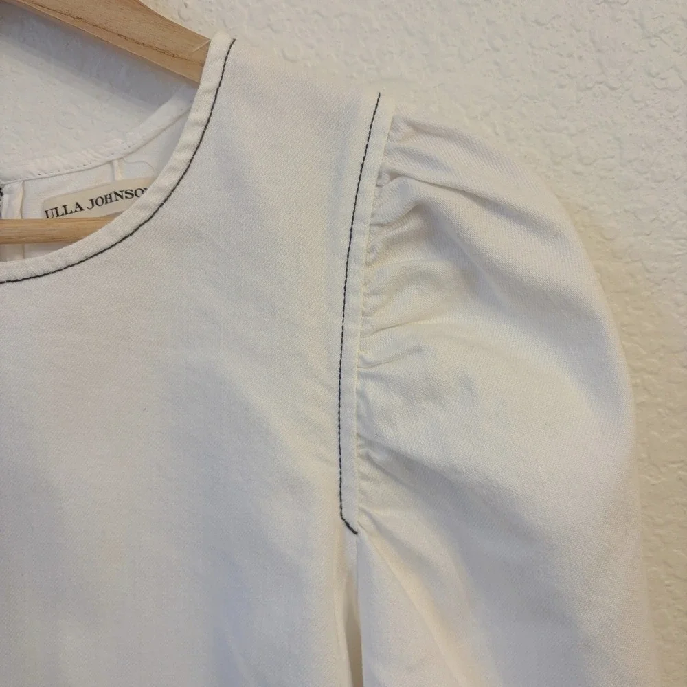 Ulla Johnson Finn Blouse Top 10 White Denim Puff Sleeve Contrast Stitch Minimal